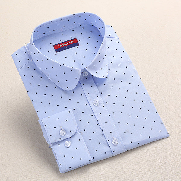 Dioufond Fashion Polka Dot Blouse Long Sleeve Shirt Women Blouses Cotton Women Shirts Red Blue Dot Top Blusas Women Tops