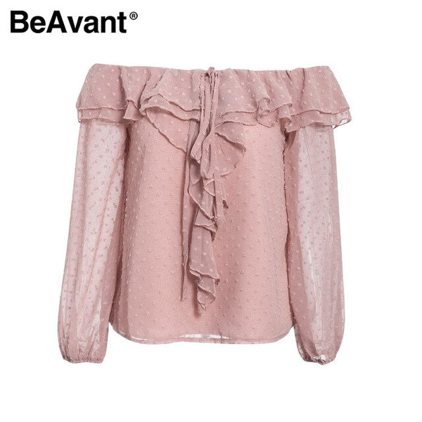 BeAvant Polka Dot Spring Summer Blouses and Shirts Women Long Sleeve Fashion Ruffles Casual Top Blouse Off Shoulder Sexy Blusas