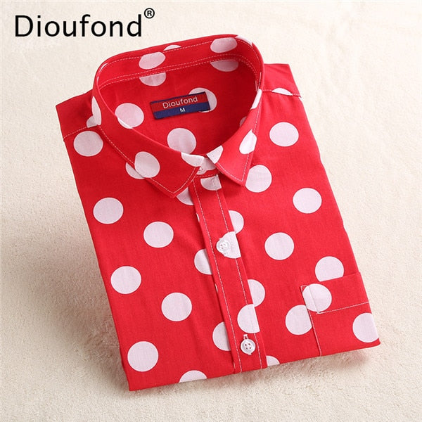 Dioufond Fashion Polka Dot Blouse Long Sleeve Shirt Women Blouses Cotton Women Shirts Red Blue Dot Top Blusas Women Tops