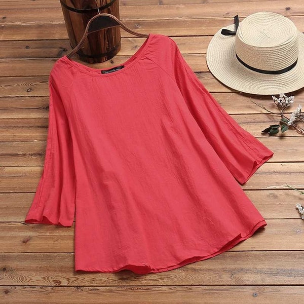 Fashion Summer Shirt ZANZEA Women Long Sleeve Solid Cotton Linen Blouse Blusas Femininas Basic Tops Robe Loose Chemise Tunic 5XL
