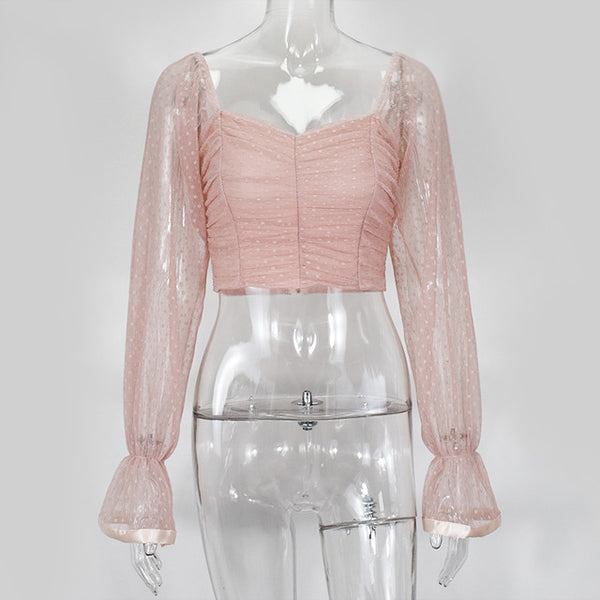 Cryptographic Square Collar Ruched Sexy Blouse Shirts Female See Through Mesh Polka Dot Fashion Long Sleeve Crop Tops Shirt