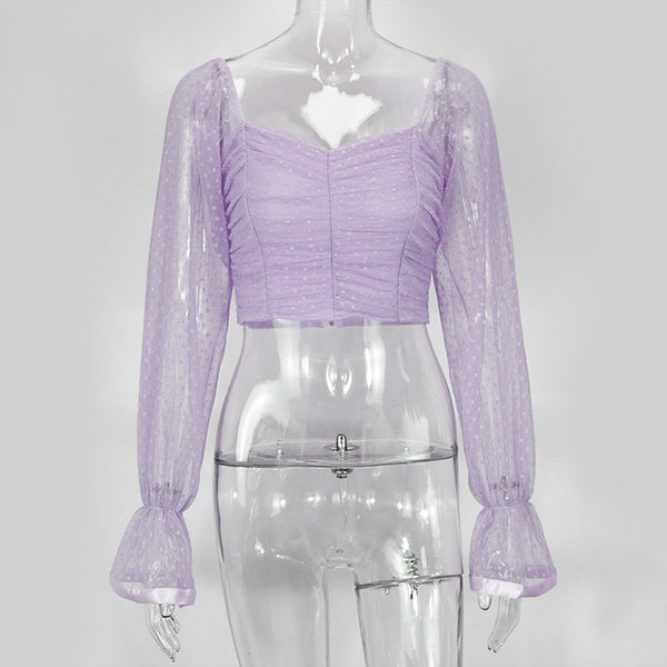 Cryptographic Square Collar Ruched Sexy Blouse Shirts Female See Through Mesh Polka Dot Fashion Long Sleeve Crop Tops Shirt