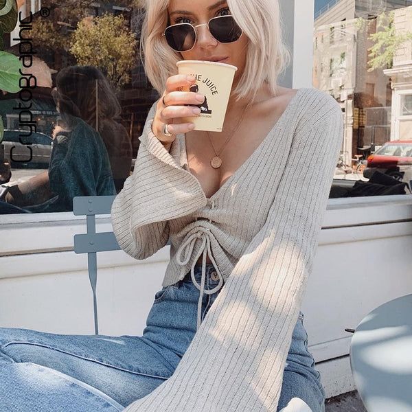 Cryptographic Fashion V-Neck Drawstring Ruched Female Crop Tops Casual Long Sleeve Striped Blouses for Women 2020 Autumn Winter