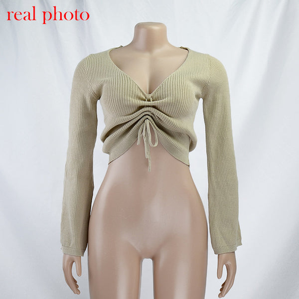 Cryptographic Fashion V-Neck Drawstring Ruched Female Crop Tops Casual Long Sleeve Striped Blouses for Women 2020 Autumn Winter