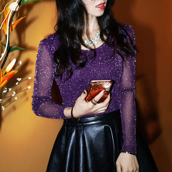 Spring Summer Women's Sexy See Through Mesh Blouse Long Sleeve Transparent Shining Elegant Shirt Fashion Women Tops DF2417