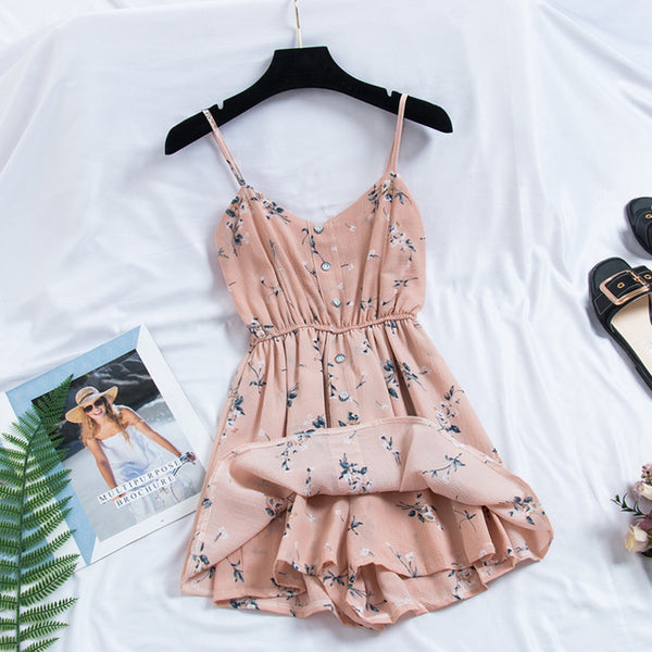 2019 New Women's Dress Sweet Summer Casual Fashion Bohemian Print Thin Strap Sleeveless Black Dress for Women