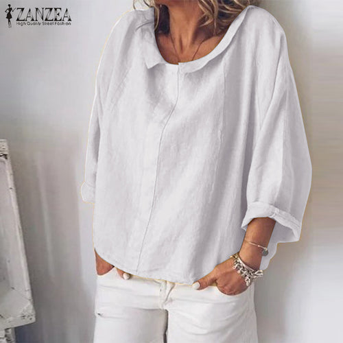 ZANZEA Autumn Shirt Fashion Women Long Sleeve Cotton Linen Blouse Casual Lapel Neck Tops Robe Solid Blusas Femme Work Chemise