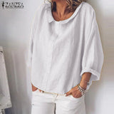 ZANZEA Autumn Shirt Fashion Women Long Sleeve Cotton Linen Blouse Casual Lapel Neck Tops Robe Solid Blusas Femme Work Chemise