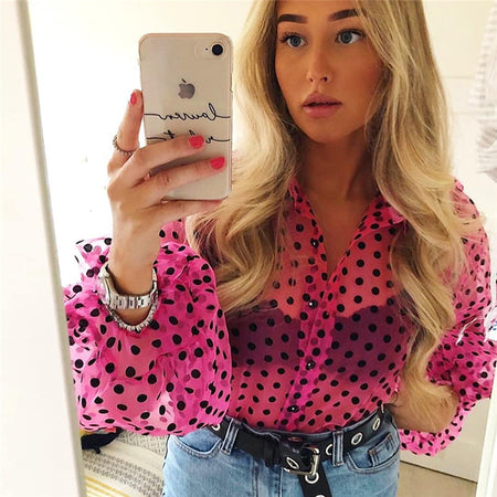 new women fashion dot stitching casual chiffon blouse shirt women long sleeve chic blusas perspective white chemise tops LS3725