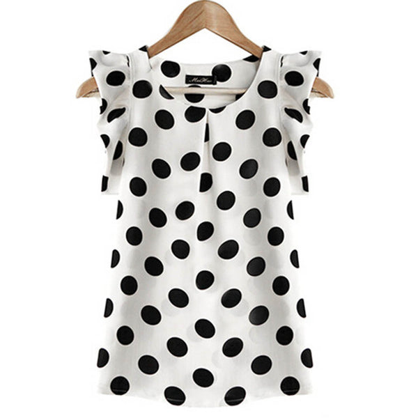 Fashion  Girl Dots Blouse Women Casual Chiffon Shirt Sleeveless Ruffle Sleeve Shirt Summer Tops Black White