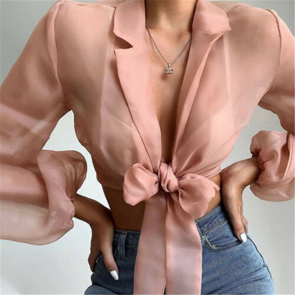 New Elegant Fashion Women OL Casual Shirt Blouse Perspective Sheer Mesh Lantern long sleeve Polka dot Button Tops Beach Blusas
