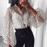 New Elegant Fashion Women OL Casual Shirt Blouse Perspective Sheer Mesh Lantern long sleeve Polka dot Button Tops Beach Blusas