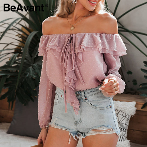 BeAvant Polka Dot Spring Summer Blouses and Shirts Women Long Sleeve Fashion Ruffles Casual Top Blouse Off Shoulder Sexy Blusas