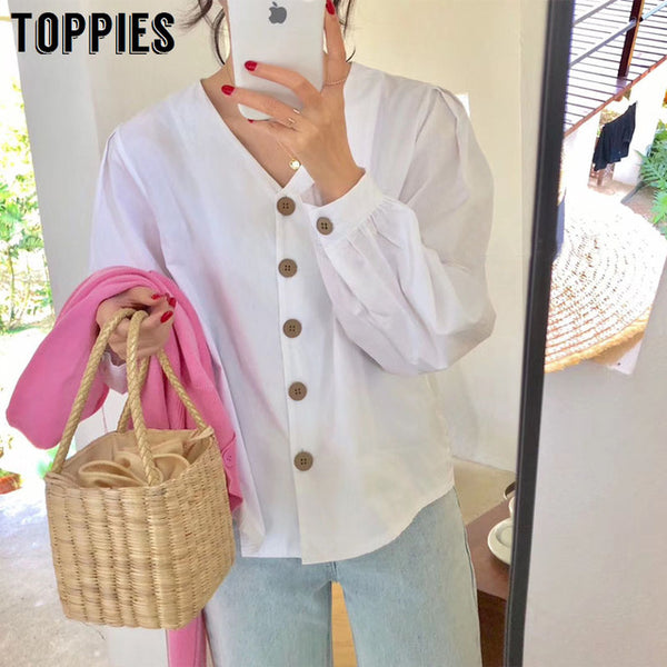 2020 Spring Summer White Blouses Tops Women V-neck Gothic Shirts Korean Fashion Vacation Tops Solid Color