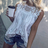White Lace Hollow Out Cotton Women's Blouses Tunic Sleeveless O-Neck Sexy Female Tops 2020 Summer Fashion Ladies Blouse