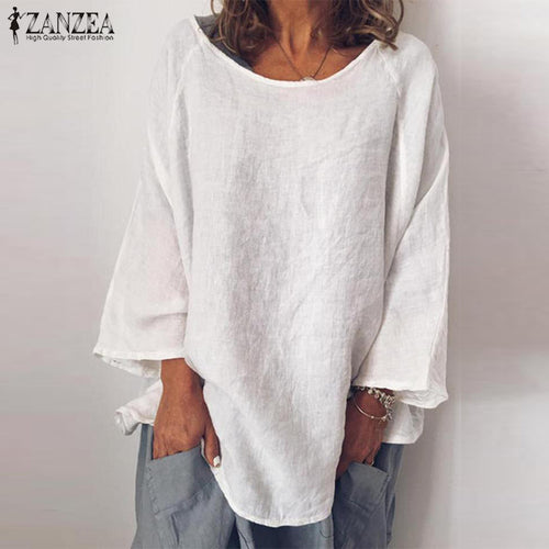 Fashion Summer Shirt ZANZEA Women Long Sleeve Solid Cotton Linen Blouse Blusas Femininas Basic Tops Robe Loose Chemise Tunic 5XL
