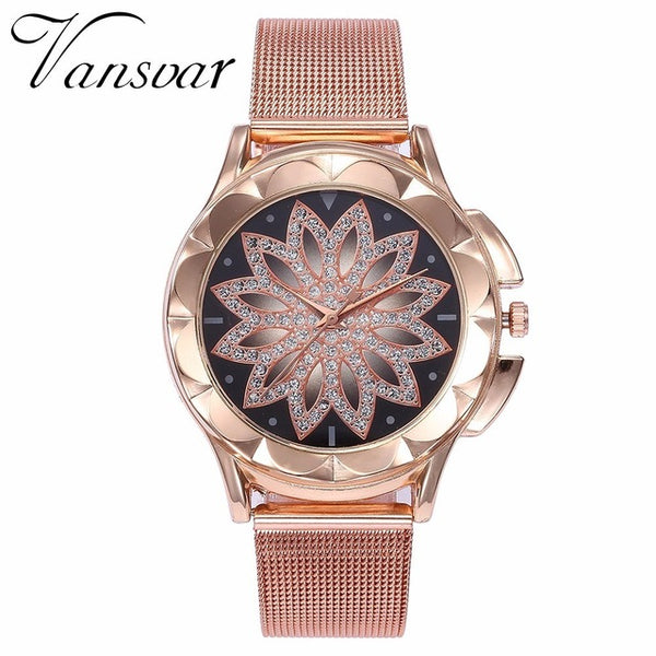 Fashion Women Rose Gold Flower Rhinestone Watch Luxury Casual Female Quartz Watch Relogio Feminino Drop Shipping