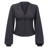 WannaThis Blouses Woman 2019 Sexy Deep V-Neck Black Button Lantern Long Sleeve Slim Fashion Autumn New Elegant Lady Shirt Top