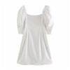 Aachoae Summer Elegant White Mini Dress Women Fashion Puff Sleeve Pleated Party Dress Square Collar Casual Tunic Dress Vestidos