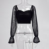 Cryptographic Square Collar Ruched Sexy Blouse Shirts Female See Through Mesh Polka Dot Fashion Long Sleeve Crop Tops Shirt