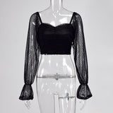 Cryptographic Square Collar Ruched Sexy Blouse Shirts Female See Through Mesh Polka Dot Fashion Long Sleeve Crop Tops Shirt