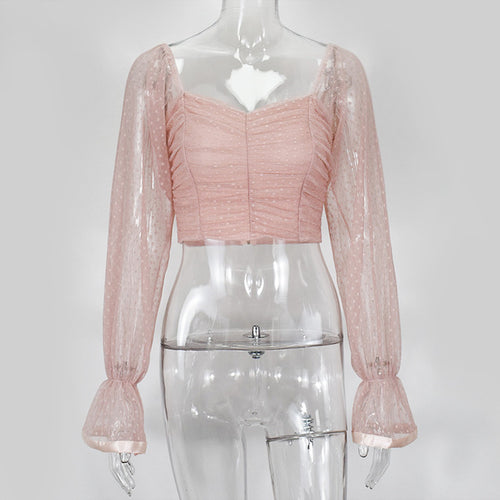 Cryptographic Square Collar Ruched Sexy Blouse Shirts Female See Through Mesh Polka Dot Fashion Long Sleeve Crop Tops Shirt
