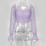 Cryptographic Square Collar Ruched Sexy Blouse Shirts Female See Through Mesh Polka Dot Fashion Long Sleeve Crop Tops Shirt