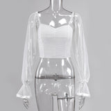 Cryptographic Square Collar Ruched Sexy Blouse Shirts Female See Through Mesh Polka Dot Fashion Long Sleeve Crop Tops Shirt