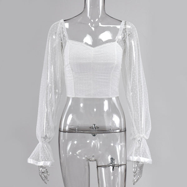 Cryptographic Square Collar Ruched Sexy Blouse Shirts Female See Through Mesh Polka Dot Fashion Long Sleeve Crop Tops Shirt