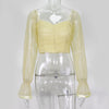 Cryptographic Square Collar Ruched Sexy Blouse Shirts Female See Through Mesh Polka Dot Fashion Long Sleeve Crop Tops Shirt