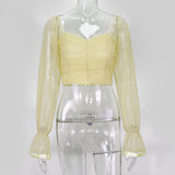 Cryptographic Square Collar Ruched Sexy Blouse Shirts Female See Through Mesh Polka Dot Fashion Long Sleeve Crop Tops Shirt