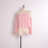 Off Shoulder Chiffon Blouse Women Fashion Boho Clothing Crop Top White Pink Lantern Sleeve Beach Cover Up Bardot Tops Summer