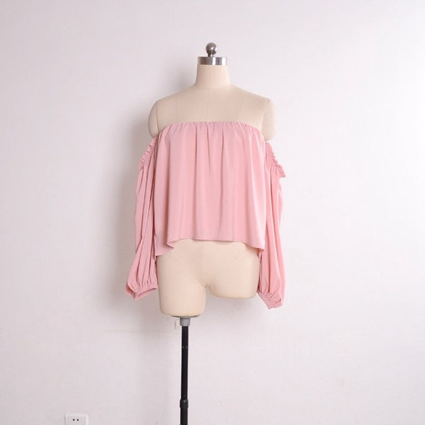 Off Shoulder Chiffon Blouse Women Fashion Boho Clothing Crop Top White Pink Lantern Sleeve Beach Cover Up Bardot Tops Summer