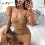 Forefair Puff Sleeve Mesh Sexy Dress Summer Mini Square Neck Vintage Fashion 2020 Club Party Bodycon Dress Women