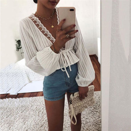 new women fashion dot stitching casual chiffon blouse shirt women long sleeve chic blusas perspective white chemise tops LS3725