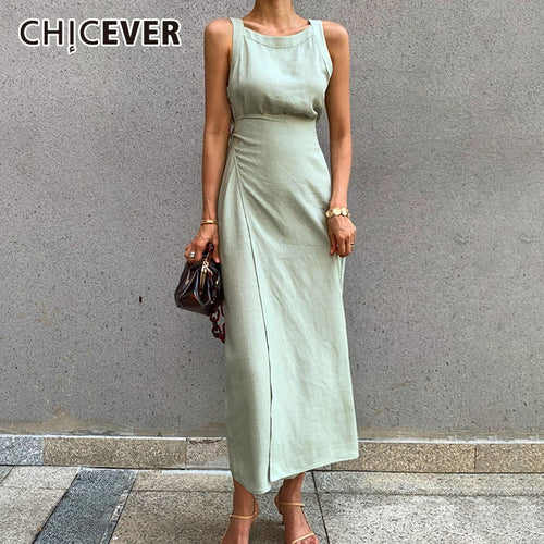 CHICEVER Summer Sleeveless Solid Dress Women O Neck Off Shoulder High Waist Bandage Elegant Midi Dresses Female Fashion 2020 New