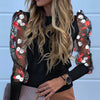 New Women Mesh Sheer Blouse See-through Puff Long Sleeve Blouse Fashion Pearl Transparent White Shirt Female Blusas Autumn Tops