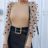 New Women Mesh Sheer Blouse See-through Puff Long Sleeve Blouse Fashion Pearl Transparent White Shirt Female Blusas Autumn Tops