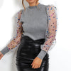 New Women Mesh Sheer Blouse See-through Puff Long Sleeve Blouse Fashion Pearl Transparent White Shirt Female Blusas Autumn Tops