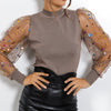 New Women Mesh Sheer Blouse See-through Puff Long Sleeve Blouse Fashion Pearl Transparent White Shirt Female Blusas Autumn Tops