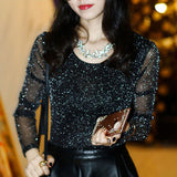 Spring Summer Women's Sexy See Through Mesh Blouse Long Sleeve Transparent Shining Elegant Shirt Fashion Women Tops DF2417