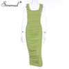 Simenual Ruched Solid Sexy Bodycon Party Dresses Women Fashion Sleeveless Skinny Clubwear Basic Hot Midi Dress 2020 Slim Female