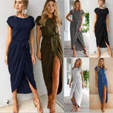2019 New Spring Fashion Elegant Dress Plus Size Women Clothing Casual Short Sleeve O-Neck Blue Dress Loose Split Irregular Dress