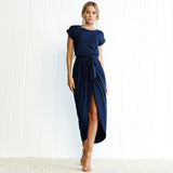 2019 New Spring Fashion Elegant Dress Plus Size Women Clothing Casual Short Sleeve O-Neck Blue Dress Loose Split Irregular Dress