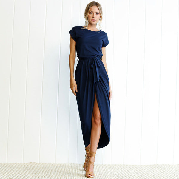2019 New Spring Fashion Elegant Dress Plus Size Women Clothing Casual Short Sleeve O-Neck Blue Dress Loose Split Irregular Dress