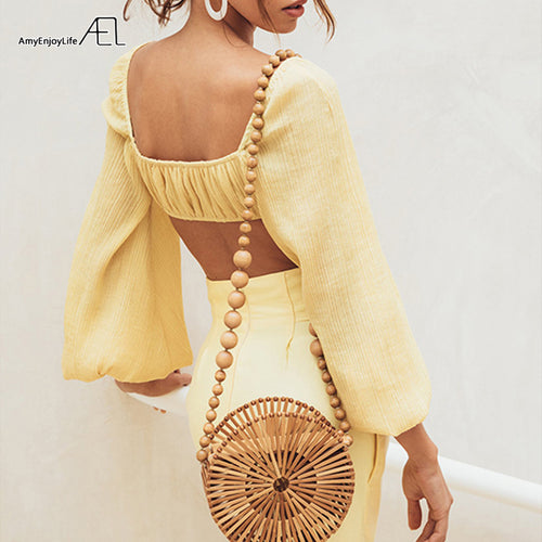 AEL Retro Royal Chic Off Shoulder Boat Neck Ladies Bra Blouse Fashion Bishop Sleeve Short Tops Elastic Bust with Lining
